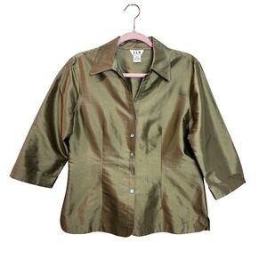 Y2K Womens Silk 3/4 Sleeve Blouse Top Olive Green Medium Chic Classic Elevated
